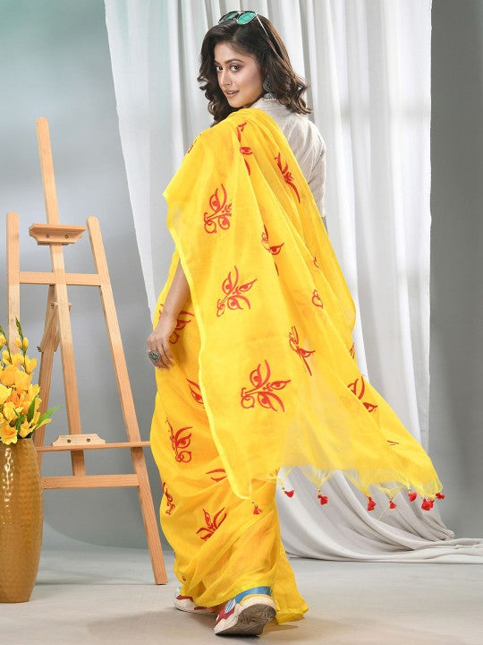 DESH BIDESH Yellow and Red Embroidered Saree with Blouse Piece for Women