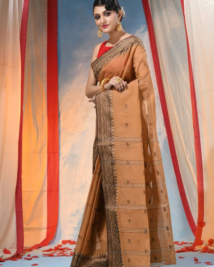 DESH BIDESH Traditional Orange Pure Cotton Saree with Elegant Woven Zari Design