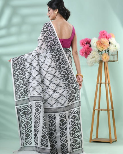 DESH BIDESH White & Black Woven Design Jamdani Saree with Matching Blouse Piece