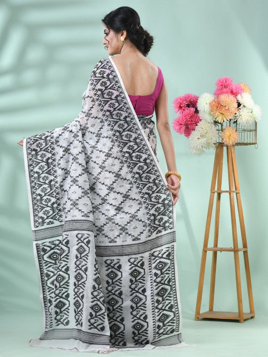 DESH BIDESH White & Black Woven Design Jamdani Saree with Matching Blouse Piece