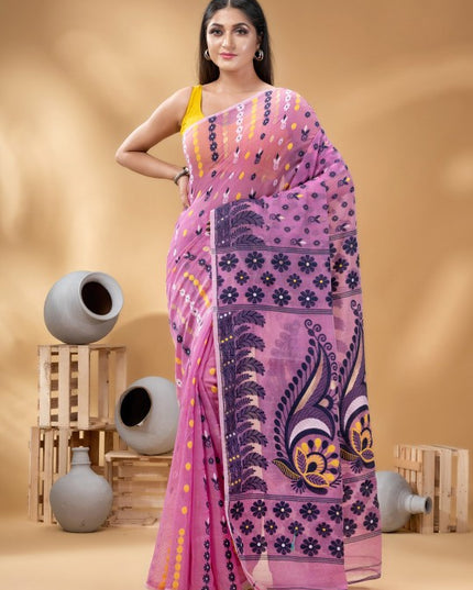 DESH BIDESH Pink & Black Woven Design Pure Cotton Handloom Jamdani Saree