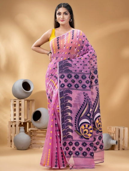DESH BIDESH Pink & Black Woven Design Pure Cotton Handloom Jamdani Saree
