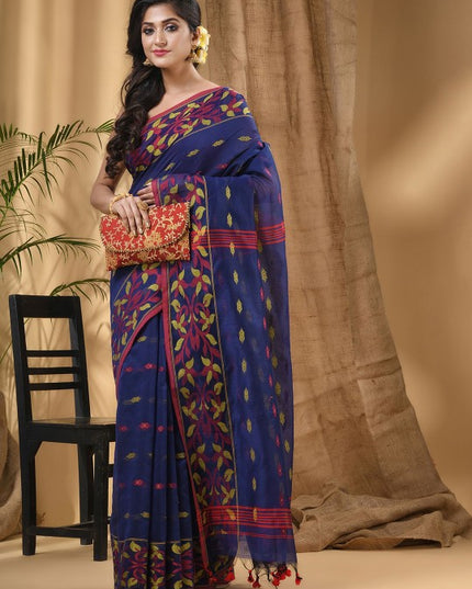 DESH BIDESH Floral Woven Taant Saree: Elegant Blue and Red Design