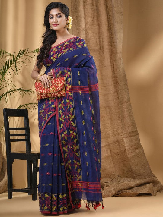 DESH BIDESH Floral Woven Taant Saree: Elegant Blue and Red Design