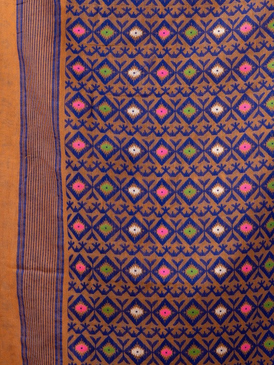 Exquisite Pure Cotton Jamdani Saree: Orange & Blue Woven Design for Women