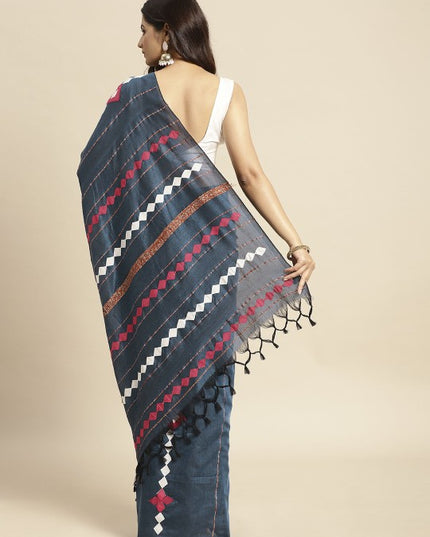 DESH BIDESH Navy Blue & White Pure Cotton Taant Saree