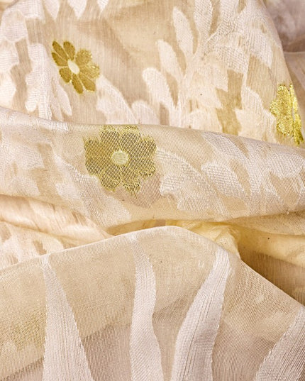 DESH BIDESH Elegant Off-White Gold-Toned Zari Woven Design Pure Cotton Jamdani Saree