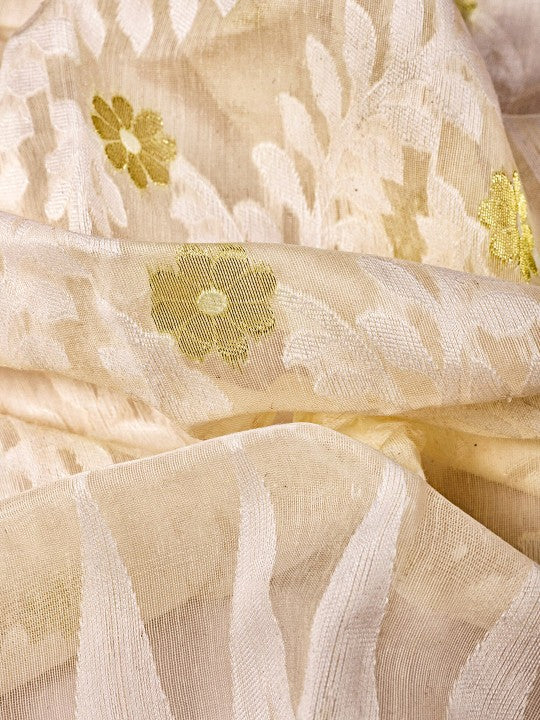 DESH BIDESH Elegant Off-White Gold-Toned Zari Woven Design Pure Cotton Jamdani Saree