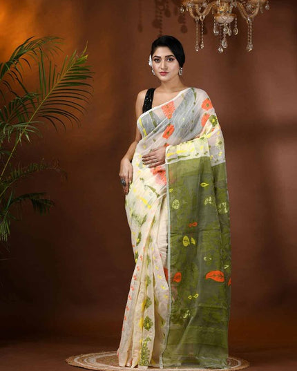 DESH BIDESH Elegant White & Green Paisley Woven Phulkari Jamdani Saree