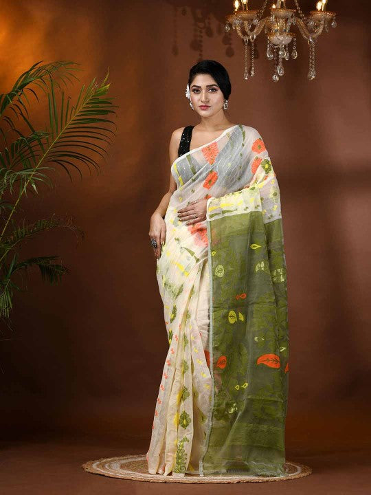 DESH BIDESH Elegant White & Green Paisley Woven Phulkari Jamdani Saree