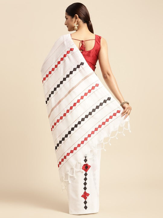 DESH BIDESH White & Black Printed Pure Cotton Taant Saree