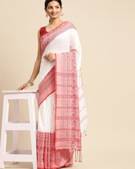 DESH BIDESH White & Red Solid Pure Cotton Taant Saree
