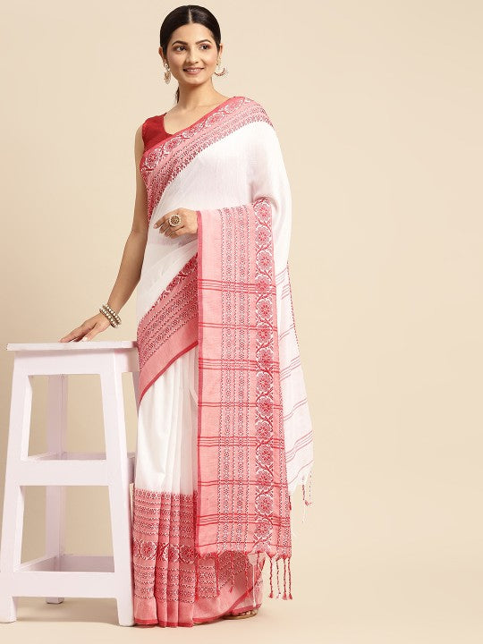 DESH BIDESH White & Red Solid Pure Cotton Taant Saree