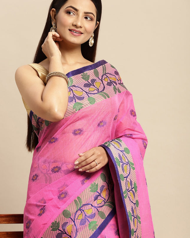 DESH BIDESH Pink & Blue Ethnic Motifs Pure Cotton Taant Saree