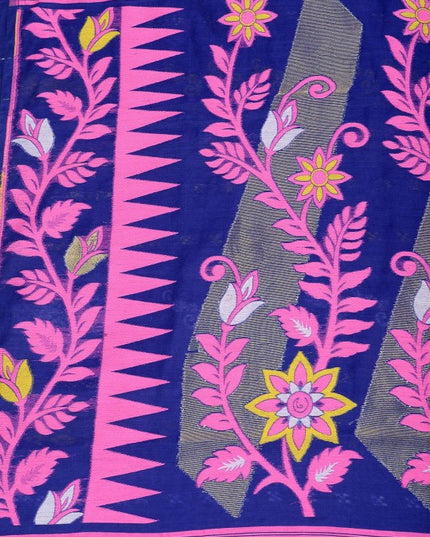 Exquisite Jamdani Cotton Blend Saree: Blue & Pink Woven Design with Solid Border