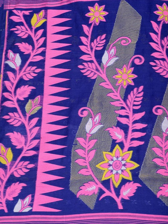 Exquisite Jamdani Cotton Blend Saree: Blue & Pink Woven Design with Solid Border