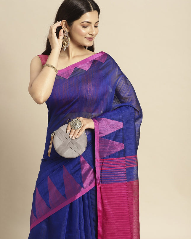 DESH BIDESH Blue & Pink Woven Design Pure Cotton Taant Saree