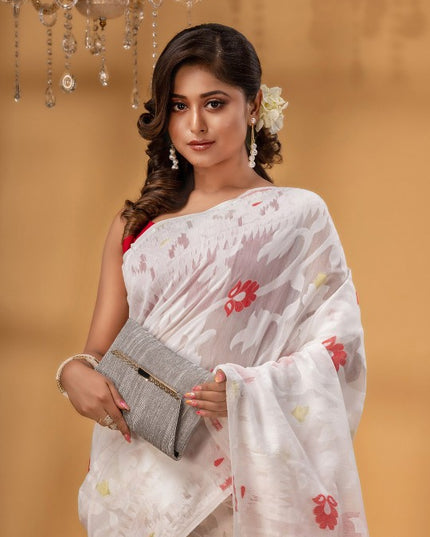 DESH BIDESH White & Red Pure Cotton Jamdani Saree, Woven Zari Design
