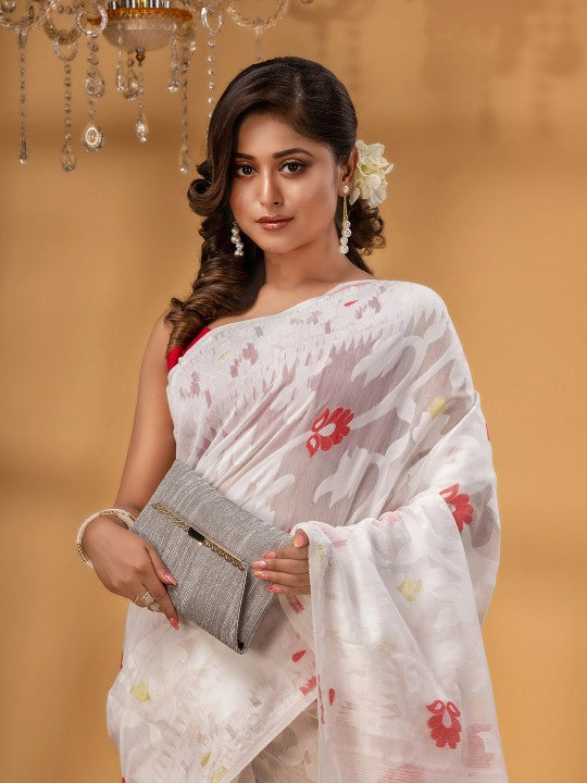 DESH BIDESH White & Red Pure Cotton Jamdani Saree, Woven Zari Design