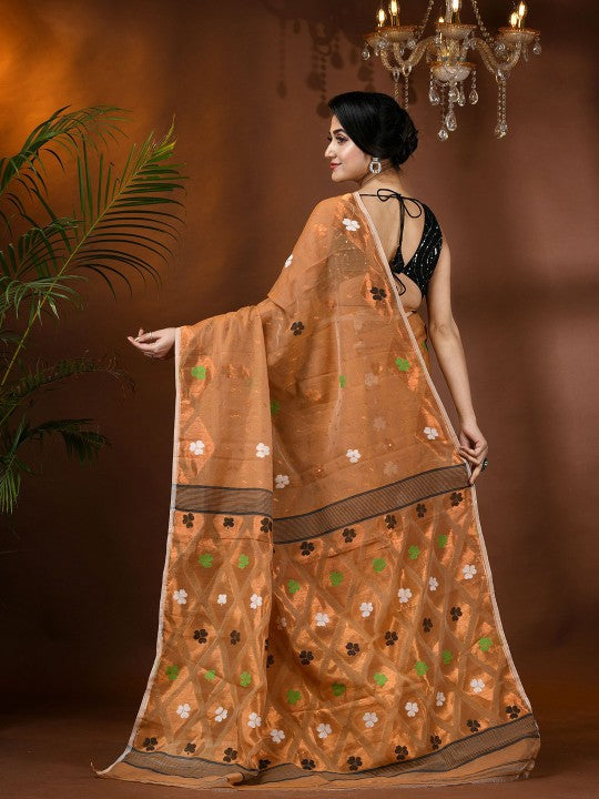 Gold-Toned & Green Jamdani Saree with Ethnic Motifs Woven Design Border