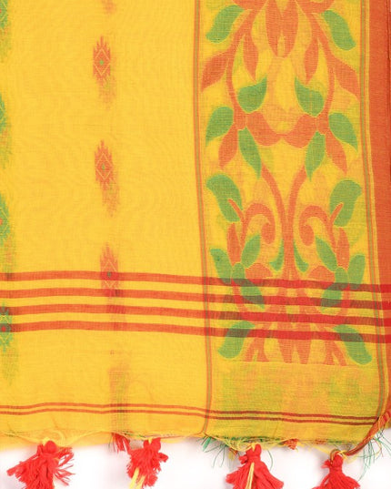 DESH BIDESH Yellow-Green Woven Design Silk Cotton Taant Saree for Women
