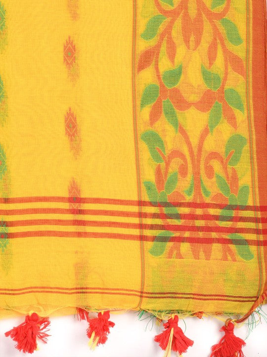 DESH BIDESH Yellow-Green Woven Design Silk Cotton Taant Saree for Women
