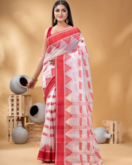 Elegant White & Red Pure Cotton Taant Saree with Paisley Woven Design Border