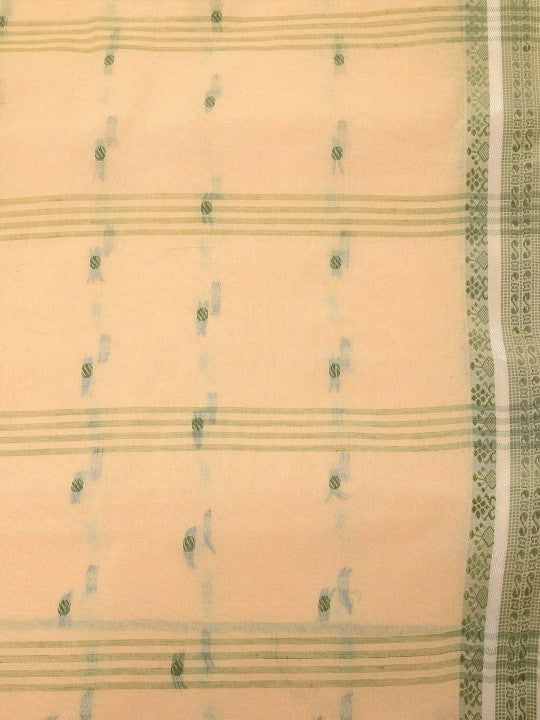 Exquisite Off-White & Green Pure Cotton Saree with Ethnic Woven Motifs