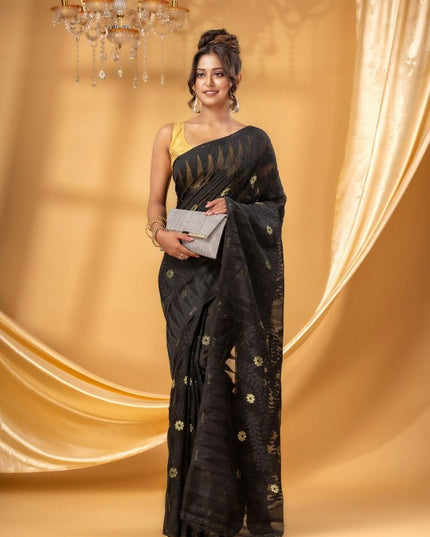 DESH BIDESH Black Gold Woven Pure Cotton Jamdani Saree Ethnic Motifs Women's