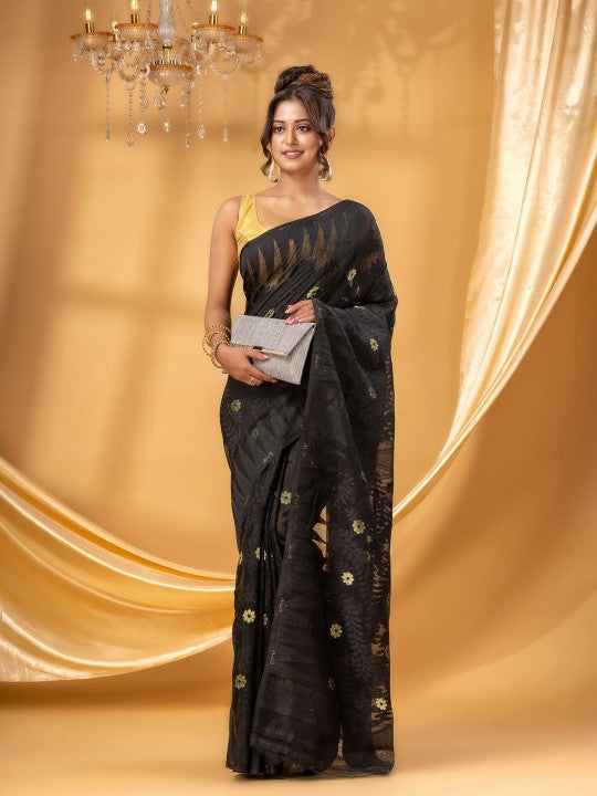 DESH BIDESH Black Gold Woven Pure Cotton Jamdani Saree Ethnic Motifs Women's