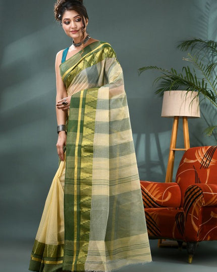 DESH BIDESH Striped Zari Pure Cotton Taant Saree - Sarees for Women 35202410