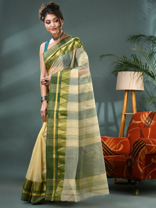 DESH BIDESH Striped Zari Pure Cotton Taant Saree - Sarees for Women 35202410