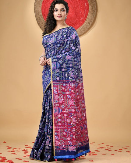 DESH BIDESH Women's Blue & Pink Ethnic Motifs Printed Zari Saree with Blouse Piece