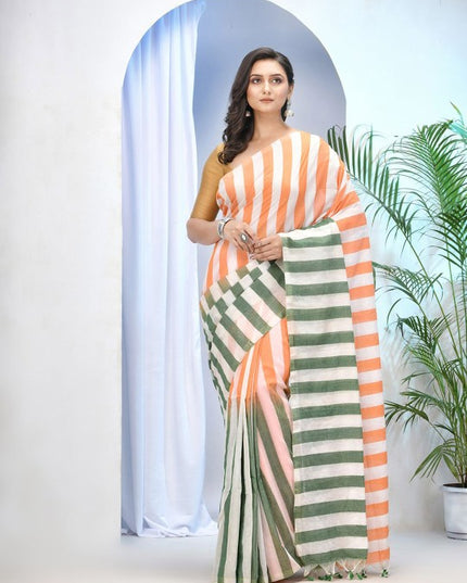 DESH BIDESH Women's Orange White Striped Pure Cotton Saree with Blouse Piece