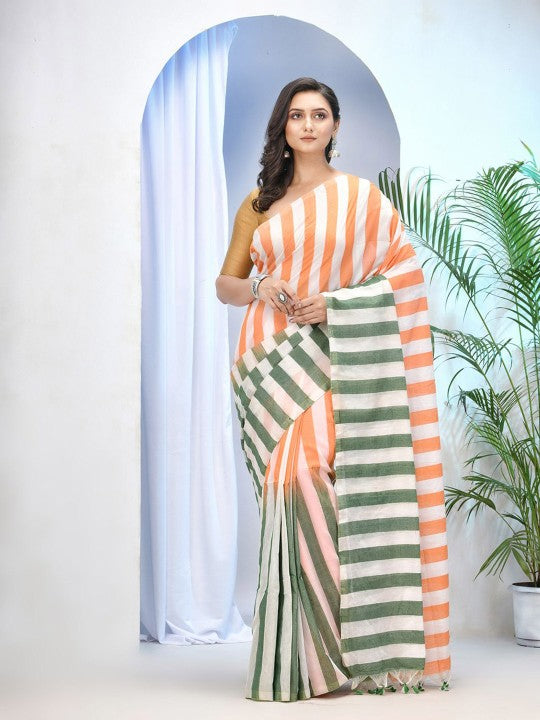 DESH BIDESH Women's Orange White Striped Pure Cotton Saree with Blouse Piece
