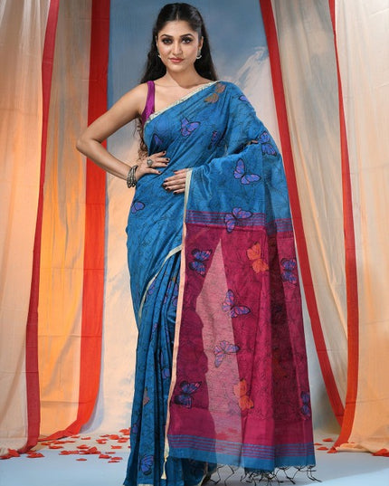 DESH BIDESH Elegant Blue & Purple Abstract Printed Festive Saree with Unstitched Blouse