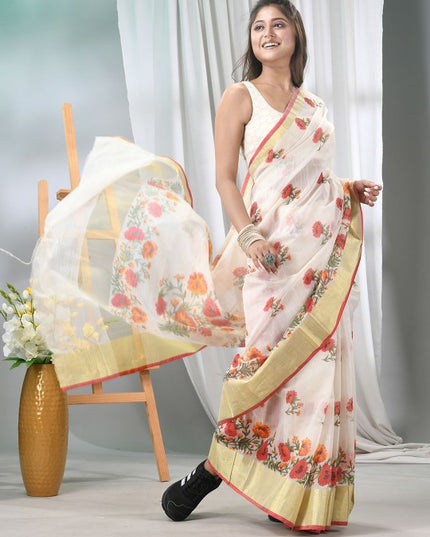 DESH BIDESH Elegant Floral Printed Saree with Solid Border and Unstitched Blouse