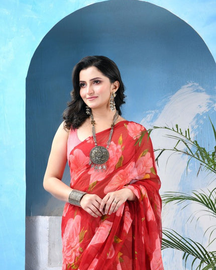 DESH BIDESH Elegant Red Pink Floral Poly Chiffon Saree for Women