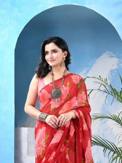 DESH BIDESH Elegant Red Pink Floral Poly Chiffon Saree for Women