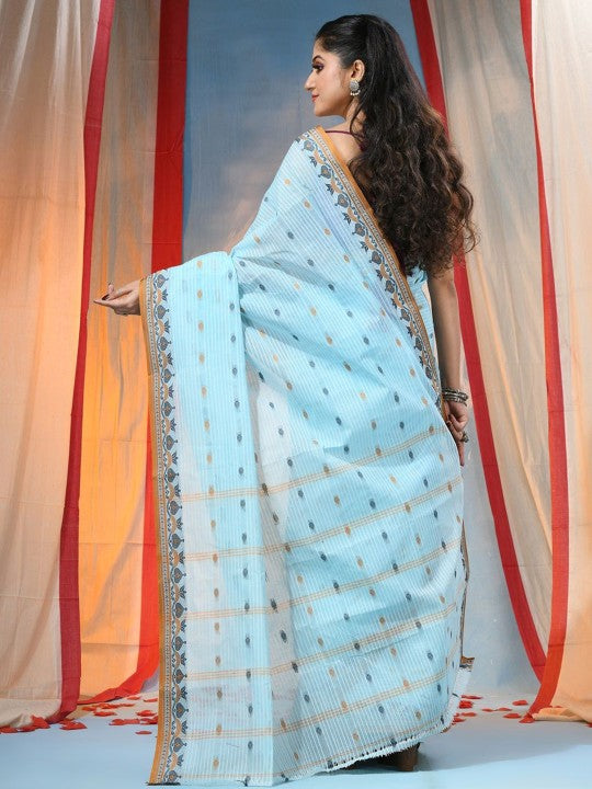 DESH BIDESH Blue & Orange Ethnic Motifs Pure Cotton Woven Design Saree