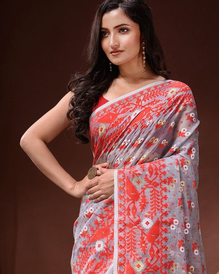 DESH BIDESH Pure Cotton Handloom Jamdani Saree with Ethnic Motifs