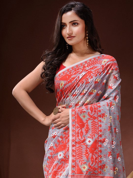 DESH BIDESH Pure Cotton Handloom Jamdani Saree with Ethnic Motifs