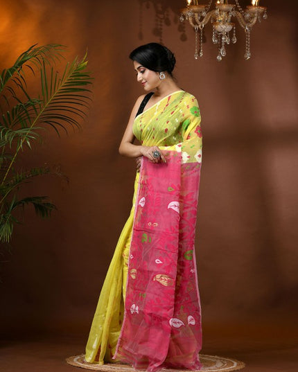 DESH BIDESH Yellow and Pink Jamdani Saree with Ethnic Motifs