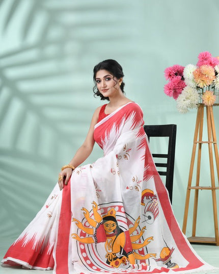 DESH BIDESH Pure Cotton Handloom Saree: Exquisite Handcrafted White and Red Cotton Saree