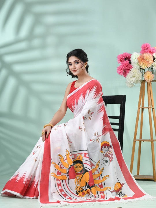 DESH BIDESH Pure Cotton Handloom Saree: Exquisite Handcrafted White and Red Cotton Saree