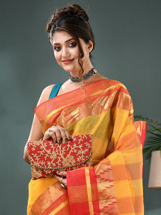 DESH BIDESH Striped Zari Pure Cotton Taant Saree