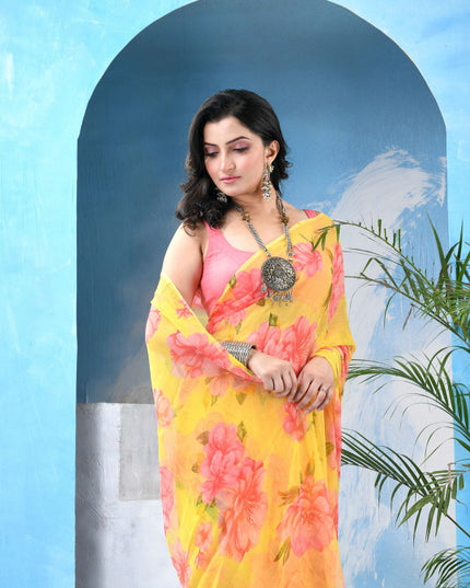 DESH BIDESH Women's Floral Printed Bandhani Saree with Unstitched Blouse Piece