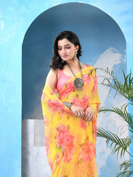 DESH BIDESH Women's Floral Printed Bandhani Saree with Unstitched Blouse Piece