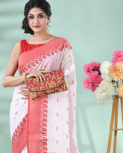 DESH BIDESH Elegant White & Red Woven Paisley Pure Cotton Saree for Women