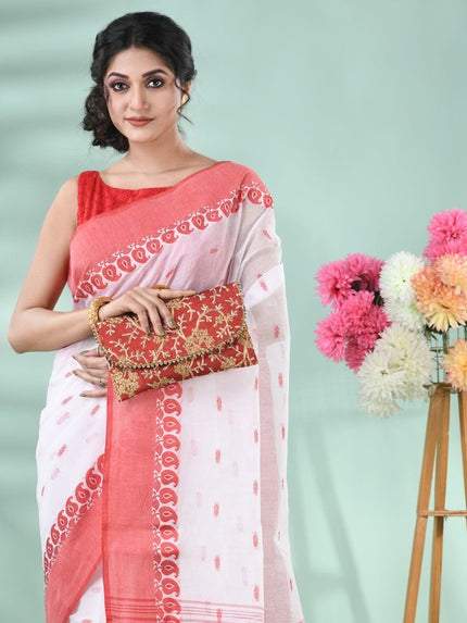 DESH BIDESH Elegant White & Red Woven Paisley Pure Cotton Saree for Women